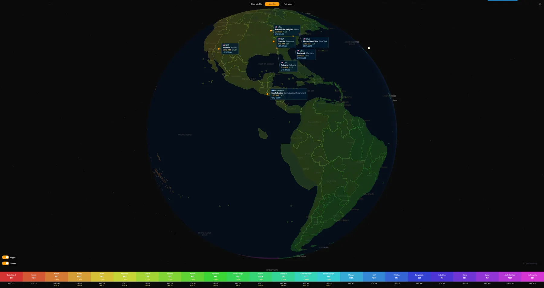 The 3D globe view showing the Americas at night with city cards and the UTC legend