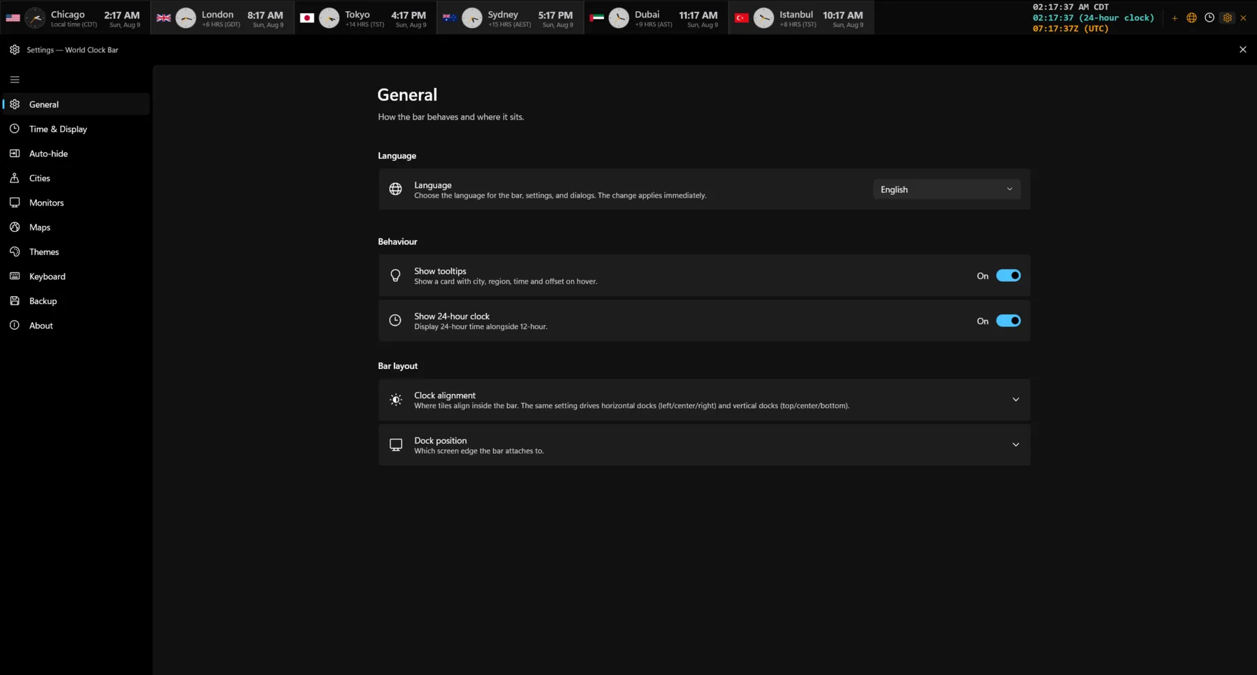 The Settings window showing the General page with language, behaviour and bar layout options
