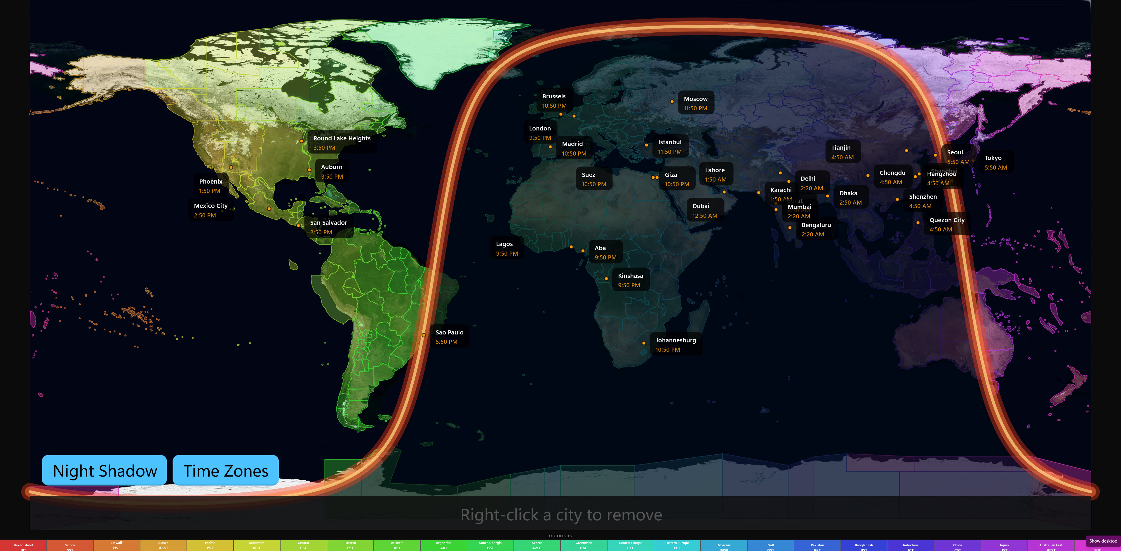 WorldClockBar world map view — NASA Blue Marble composite with time-zone color overlay, day/night terminator, and pinned cities